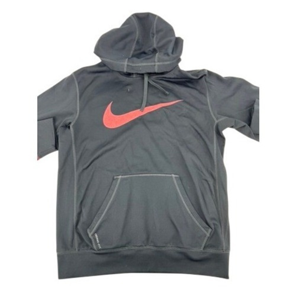 Nike Hoodie Mens Small Gray Red Therma-FIT Pullover Sweatshirt Swoosh Logo
